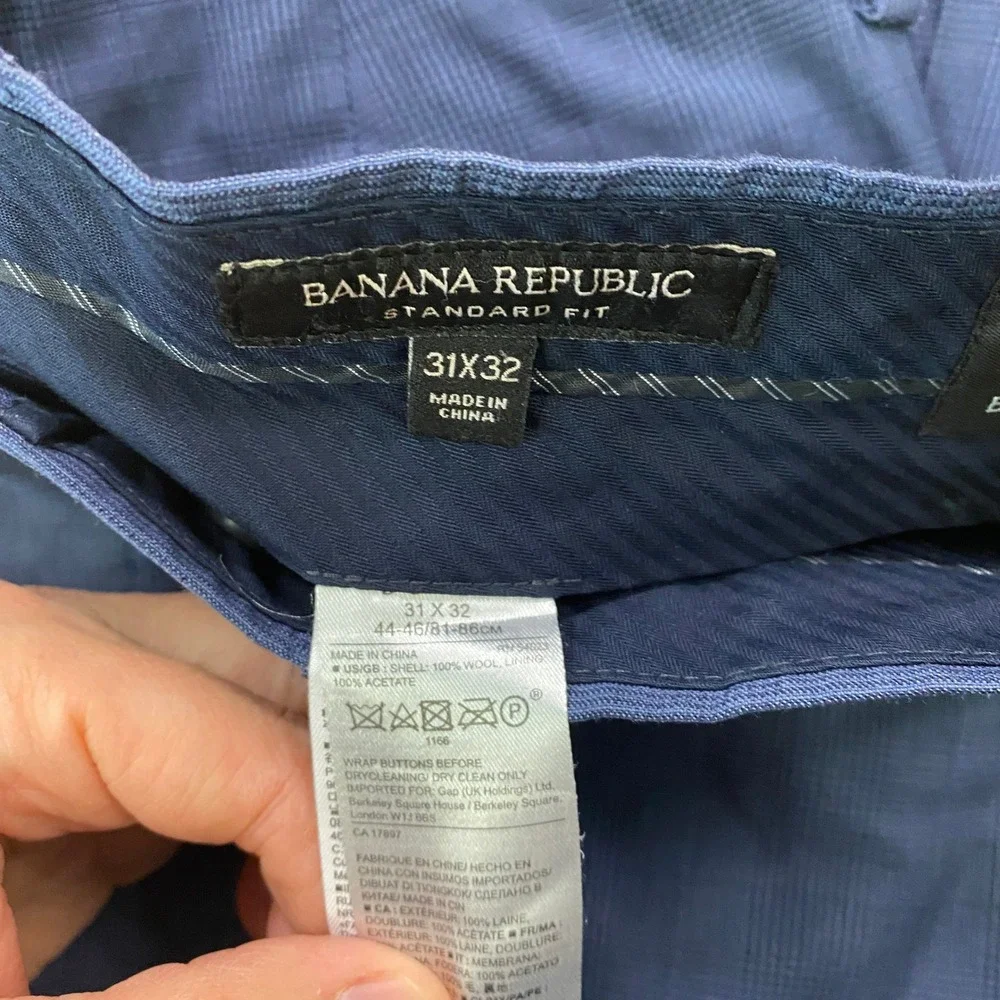 Banana Republic Dress Pants 31x30 Standard Fit Wool Glen Plaid Blue Trousers